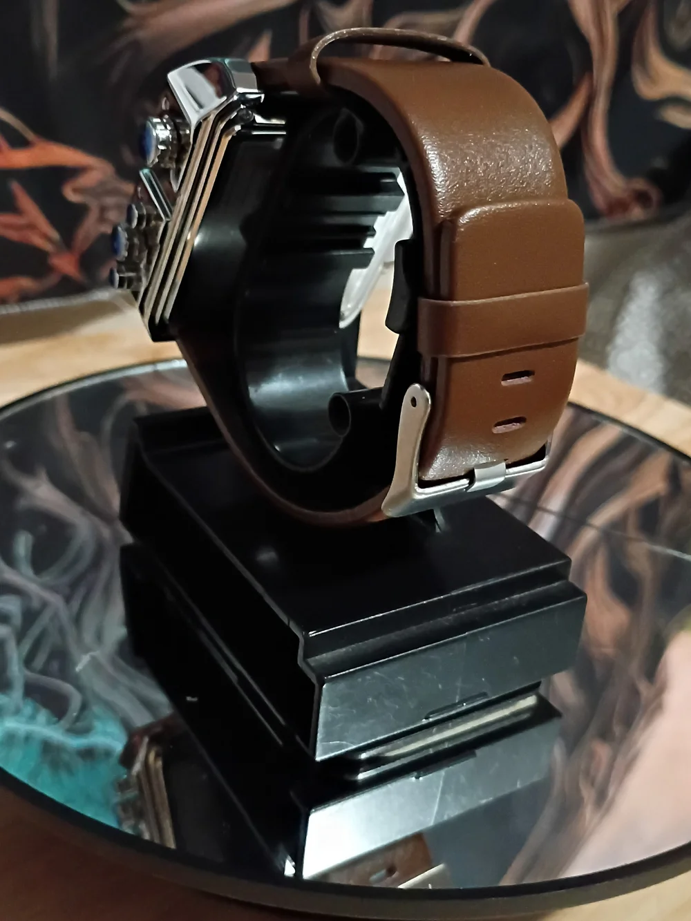 Ice Silver Dual-Display Men's Watch with Brown Leather Band